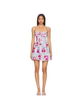 Bardot Elsie Corset Mini Dress Blue Pink Garden Floral Boned Full Skirt Sz S 4
